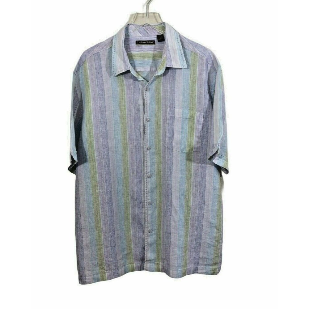 CUBAVERA Men’s 100% Linen Striped Short Sleeve Linen Camp Shirt XXL 2XL EUC